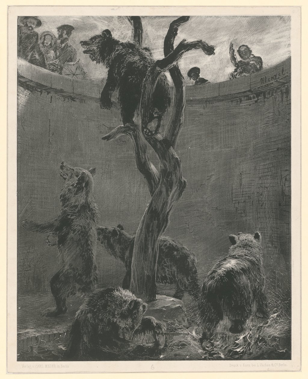 Medvědí klec v Zoologické zahradě. List 6 z: Pokusy se štětcem a škrabkou, sešit 1 od Adolph Menzel