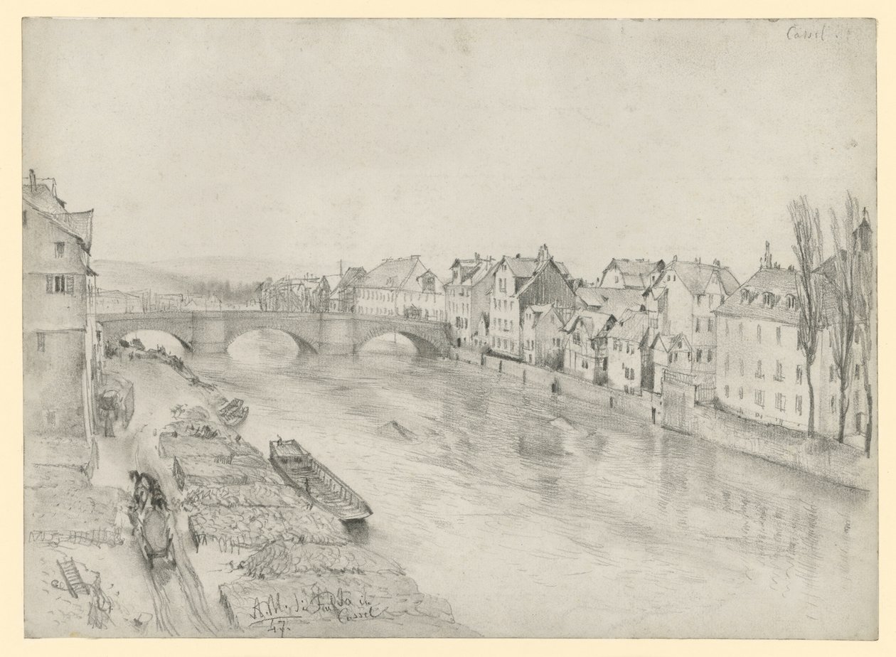 Řeka Fulda v Kasselu. Říční krajina s mostem a domy od Adolph Menzel