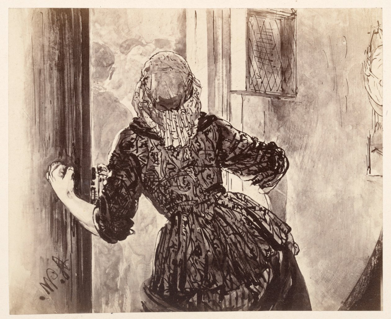 Služka přichází na Adamovo zvonění; pohled zezadu, dveře, pravá ruka na klice, podle Heinricha von Kleista „Rozbitý džbán“ od Adolph Menzel