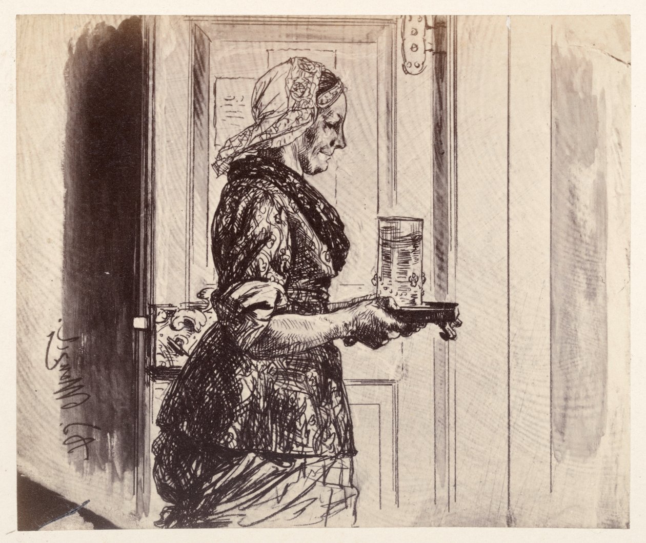 Služka vstupuje do soudní síně se sklenicí vody, kterou si objednal Adam, z díla Heinricha von Kleista „Rozbitý džbán“ od Adolph Menzel