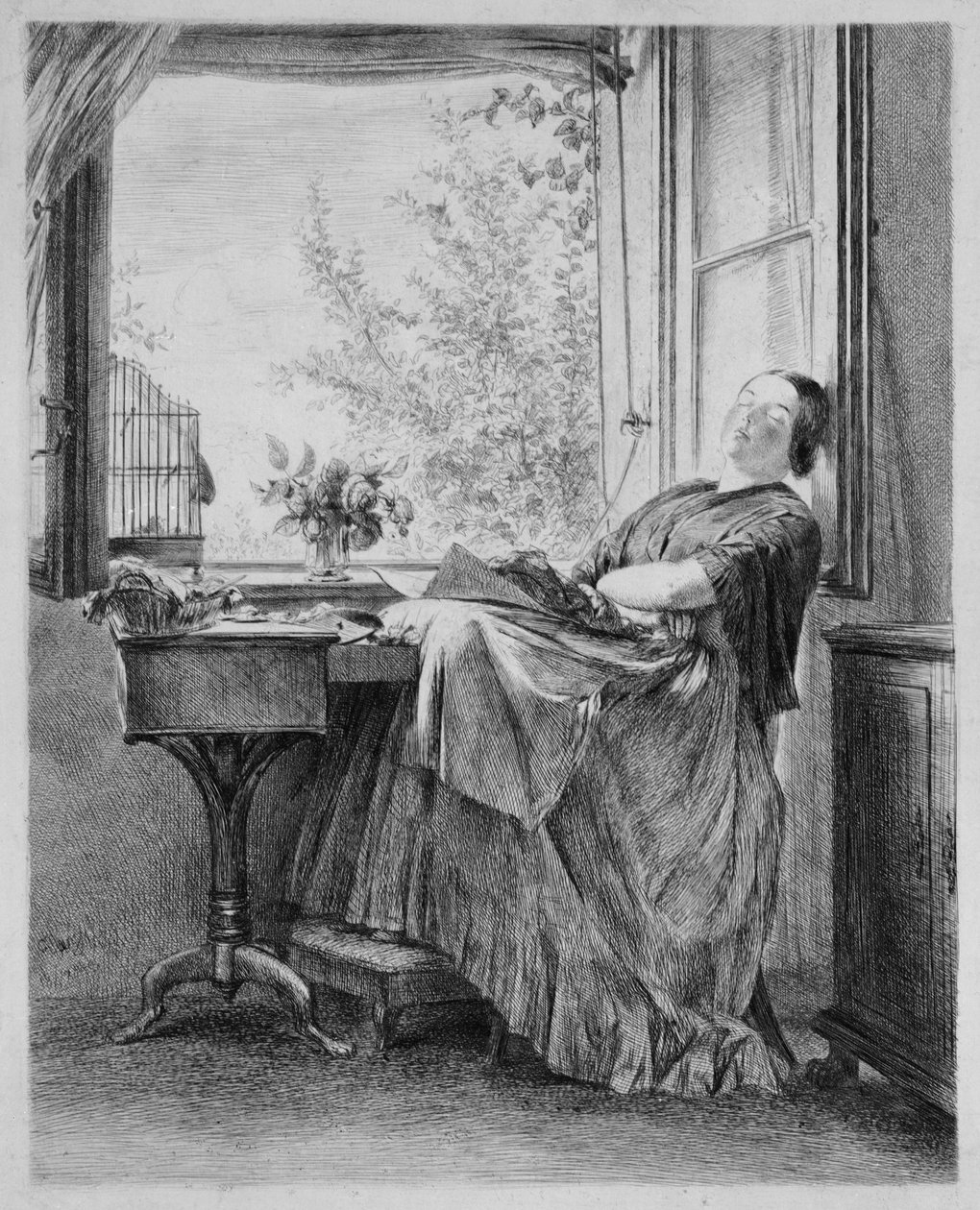 Spící švadlena u okna (Menzelova sestra Emilie) od Adolph Menzel