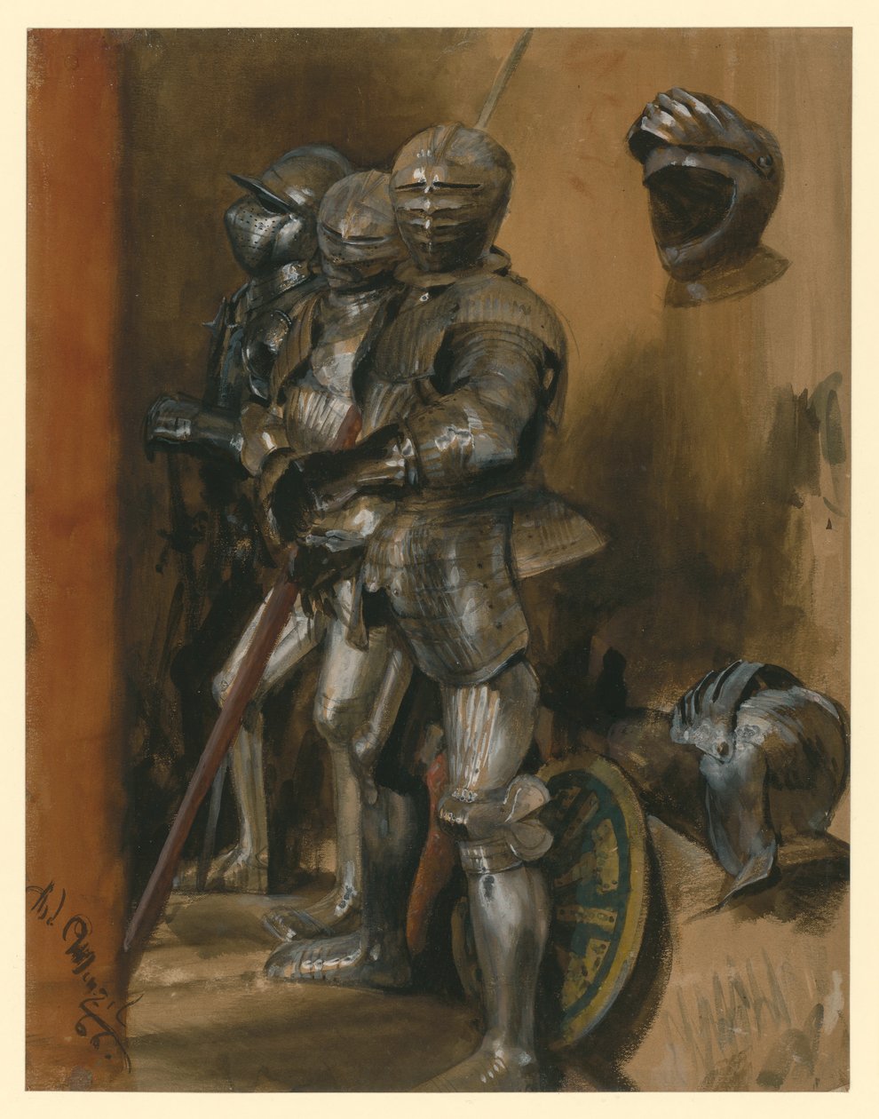 Tři brnění a dvě přilby od Adolph Menzel