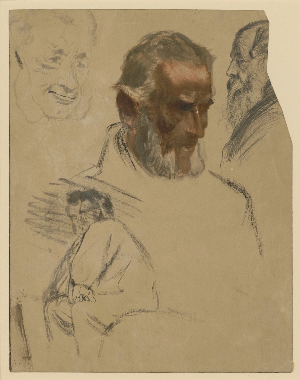 Tři studie vousatých hlav a studie sedícího muže po kolena obráceného doleva od Adolph Menzel