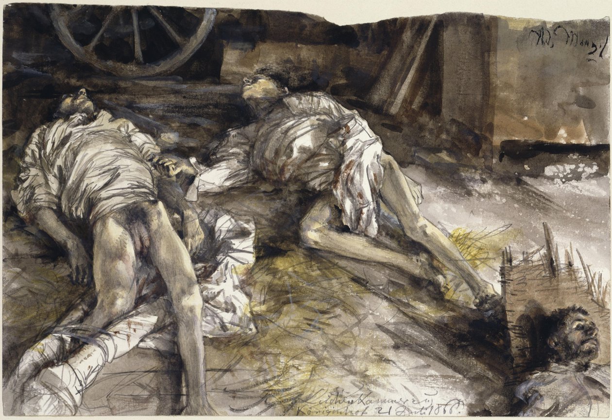 Tři padlí vojáci ve stodole - márnice v Königinhofu od Adolph Menzel