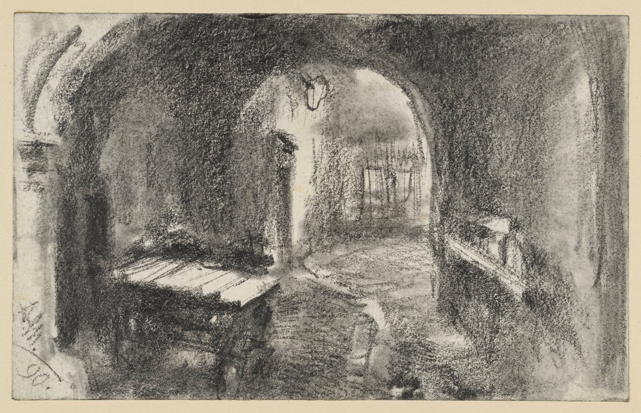 Tmavý klenutý průchod, v popředí ruční vozík od Adolph Menzel