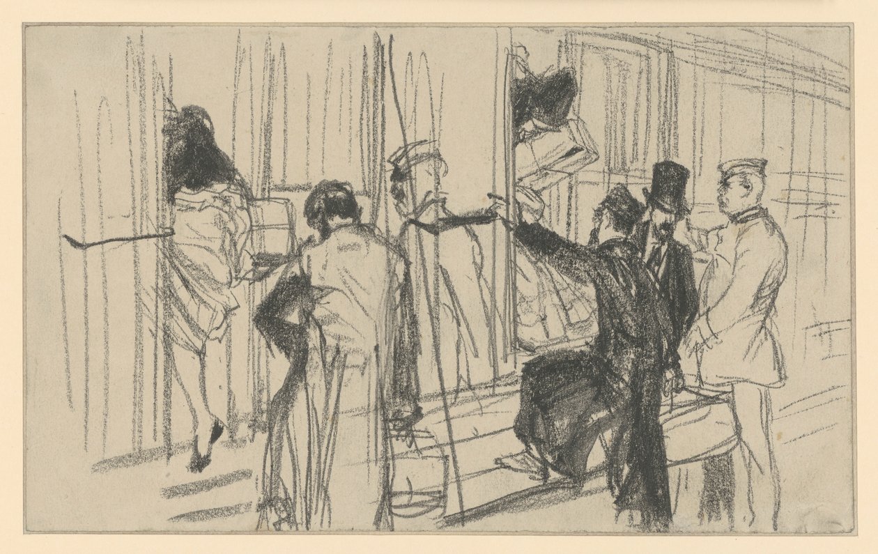 Nastupující železniční cestující a průvodčí. Scéna na nástupišti od Adolph Menzel