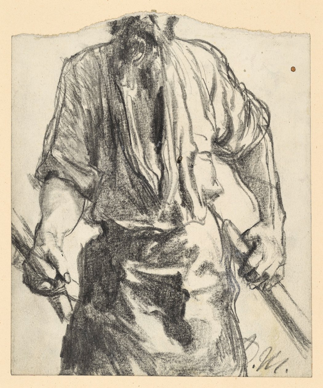 Kovář s kožešinovou zástěrou a dřevěnými nástroji v rukou. Studie k dílu „Válcovna železa. Moderní Kyklopové“ od Adolph Menzel