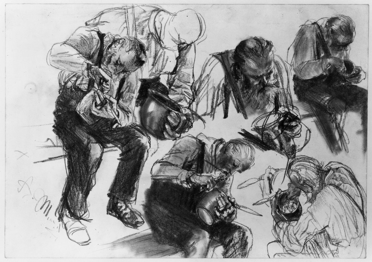 Pracovník při jídle z různých úhlů pohledu. Studie k dílu „Válcovna železa. Moderní kyklopové“ od Adolph Menzel