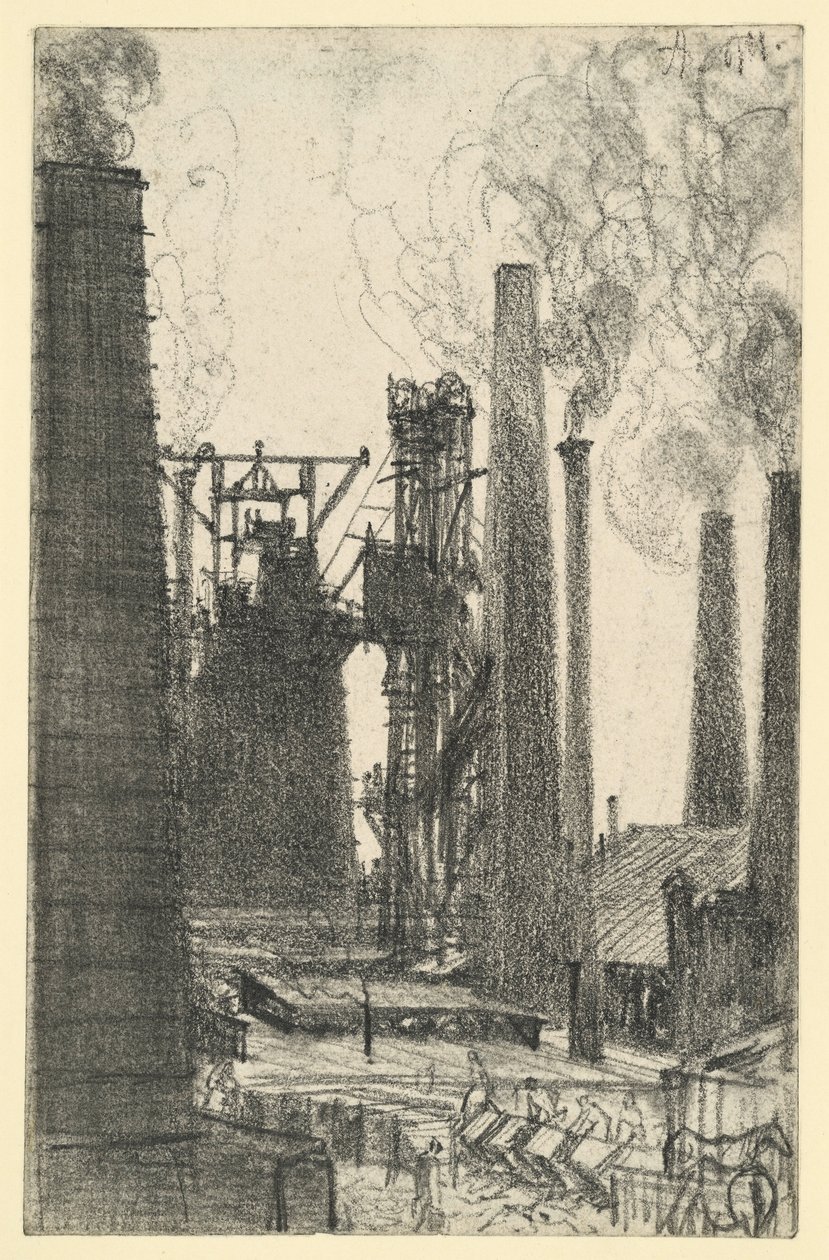 Tovární náměstí s kouřícími komíny (Königshütte?) od Adolph Menzel