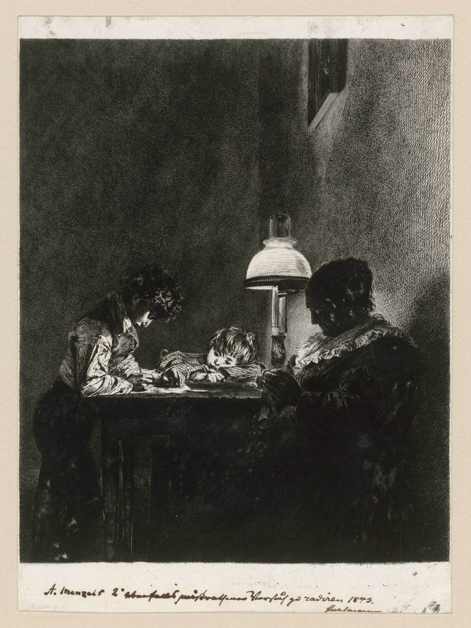 Rodina u lampy od Adolph Menzel