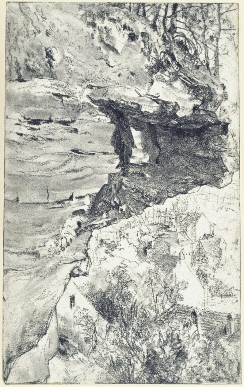 Skalní převis s vesnicí v pozadí (Saské Švýcarsko) od Adolph Menzel