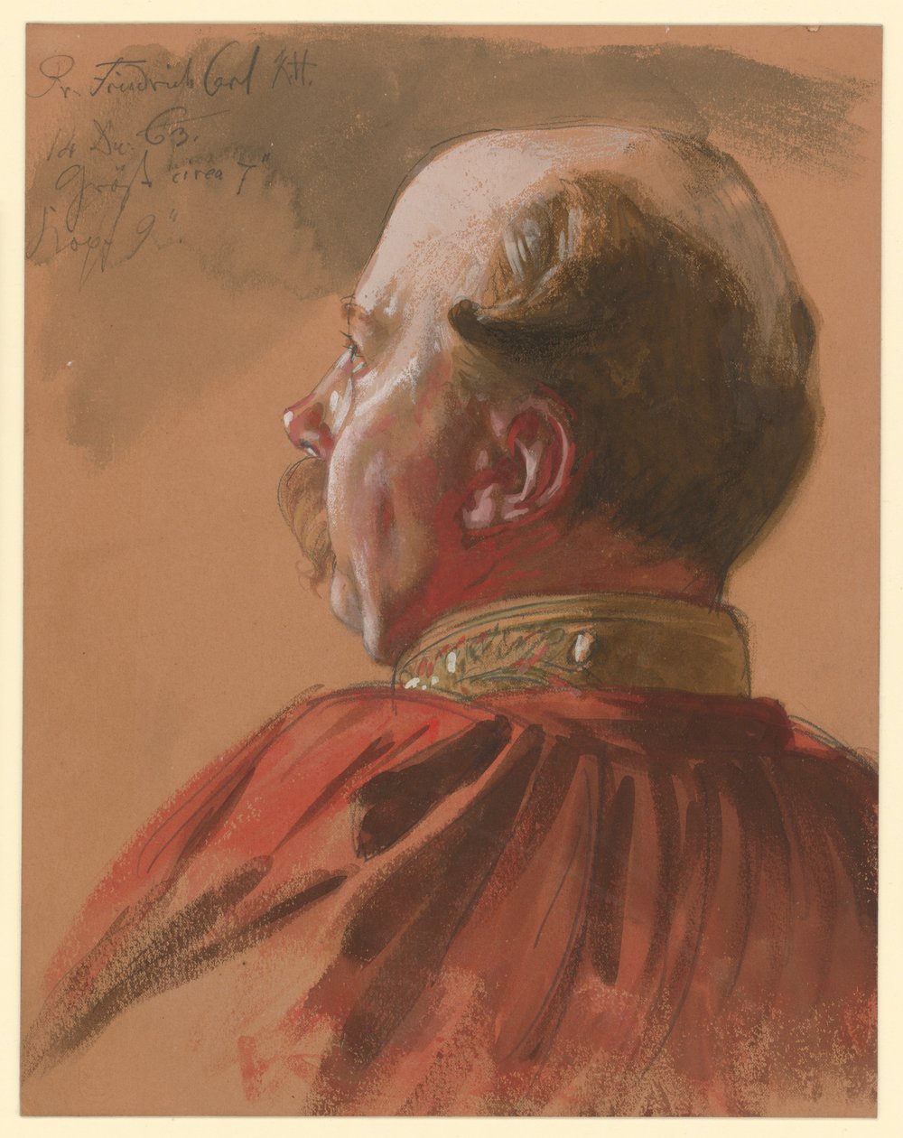 Princ Fridrich Karel Pruský, částečně oříznutý profil doleva, portrétní studie ke „Korunovaci Viléma I. v Královci“ od Adolph Menzel