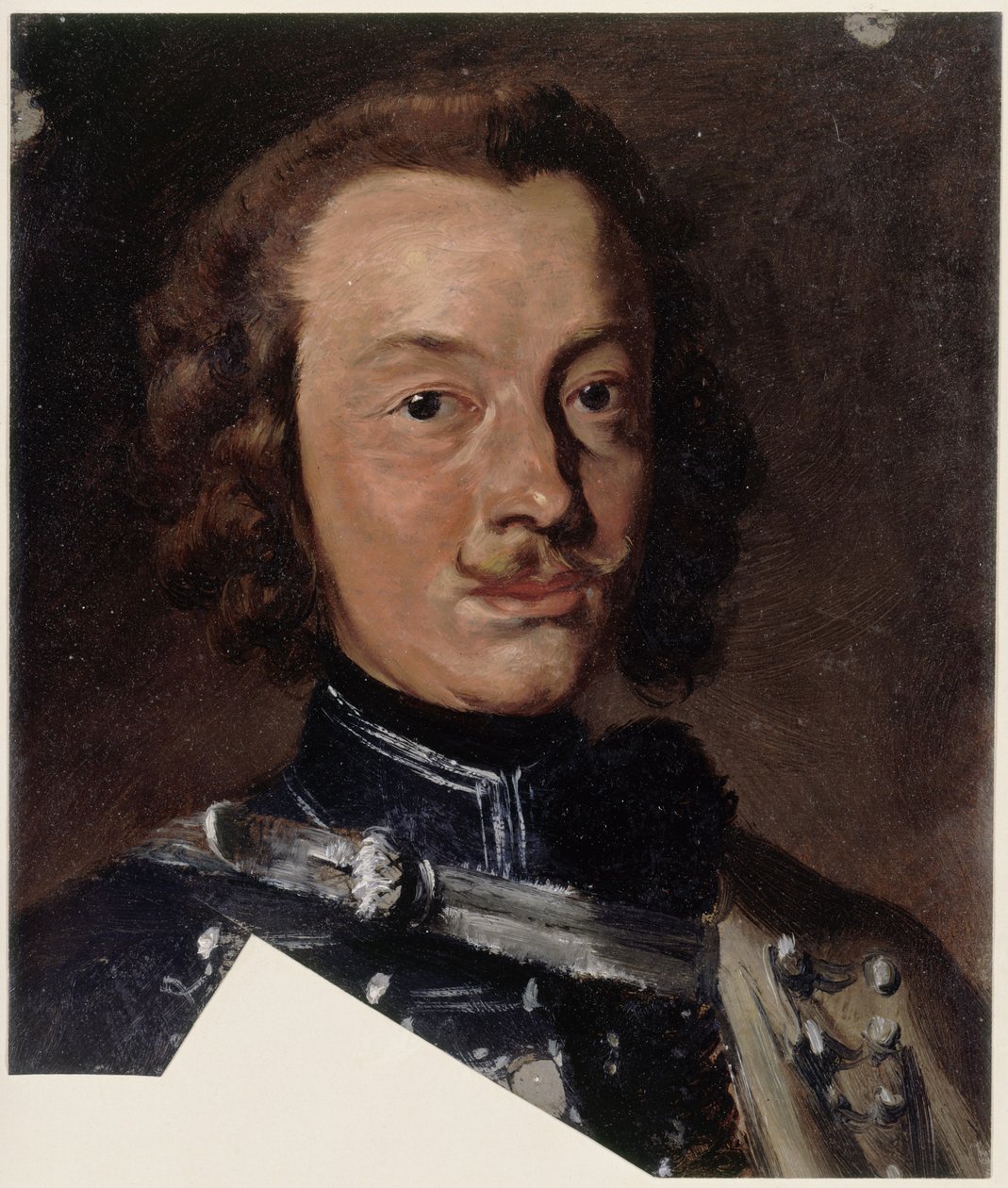 Friedrich Wilhelm, baron von Seydlitz-Kurzbach, pruský generál kavalerie, velitel eskadry 4. husarského pluku (na obrázku dole výřez detailu zavazování dolmanu); hlava otočená doprava, pohled směřující přímo před sebe od Adolph Menzel