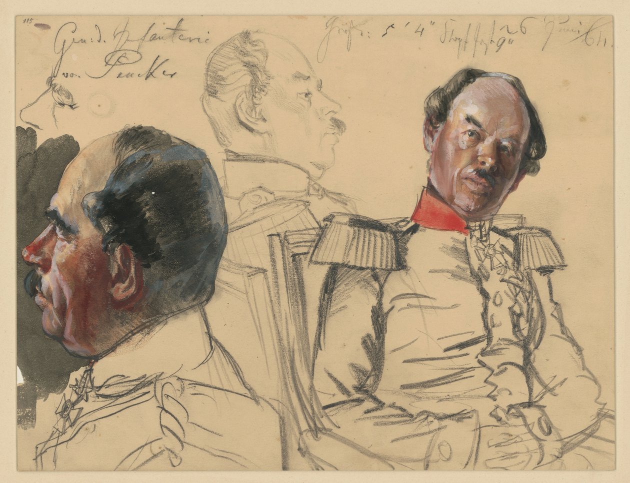 Generál pěchoty Eduard von Peucker, 1. studie hlavy, profil doleva, 2. poprsí mírně doprava, pohled doleva, mezi nimi studie hlavy, profil doprava, studie pro obraz „Korunovace Viléma I. v Königsbergu“ od Adolph Menzel