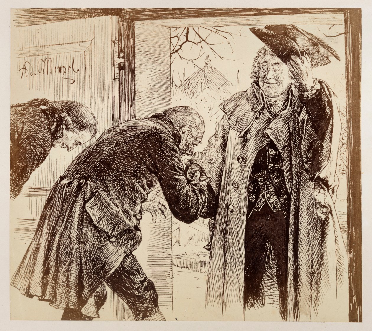 Soudce Walter vstoupí zprava ke dveřím, přátelsky zvedá klobouk, Adam a Licht ho pokorně vítají, k dílu Heinricha von Kleista „Rozbitý džbán“ od Adolph Menzel