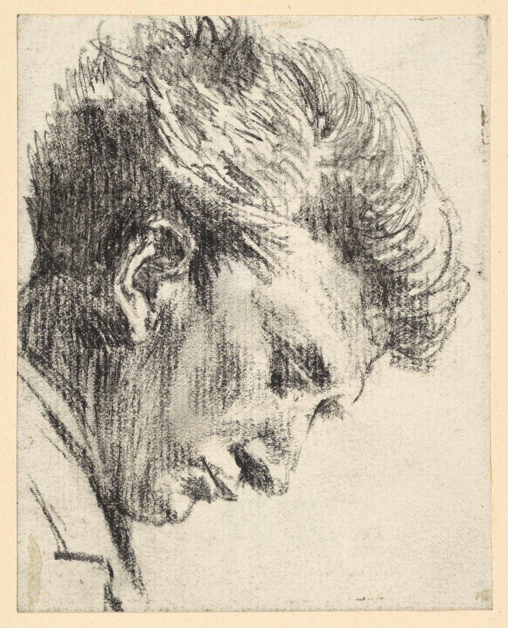 Profil tváře muže, který se dívá dolů od Adolph Menzel