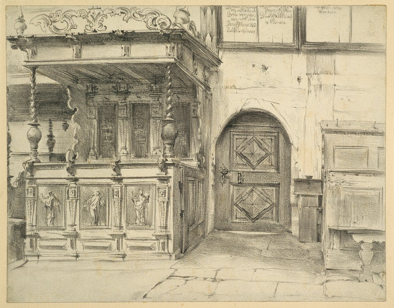 Lavice a dveře v kostele Friedenskirche v Jaueru od Adolph Menzel