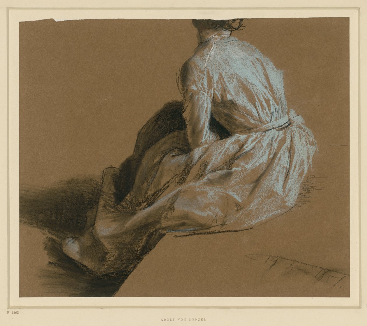 Studie oděvu sedící dámy z pohledu zezadu od Adolph Menzel