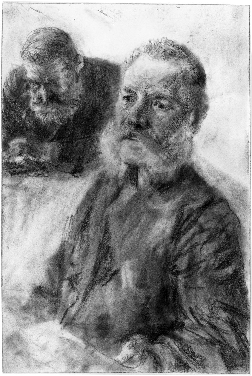 Polopostava vousatého muže, v pozadí další portrét vousatého muže v poprsí se sklopeným pohledem od Adolph Menzel