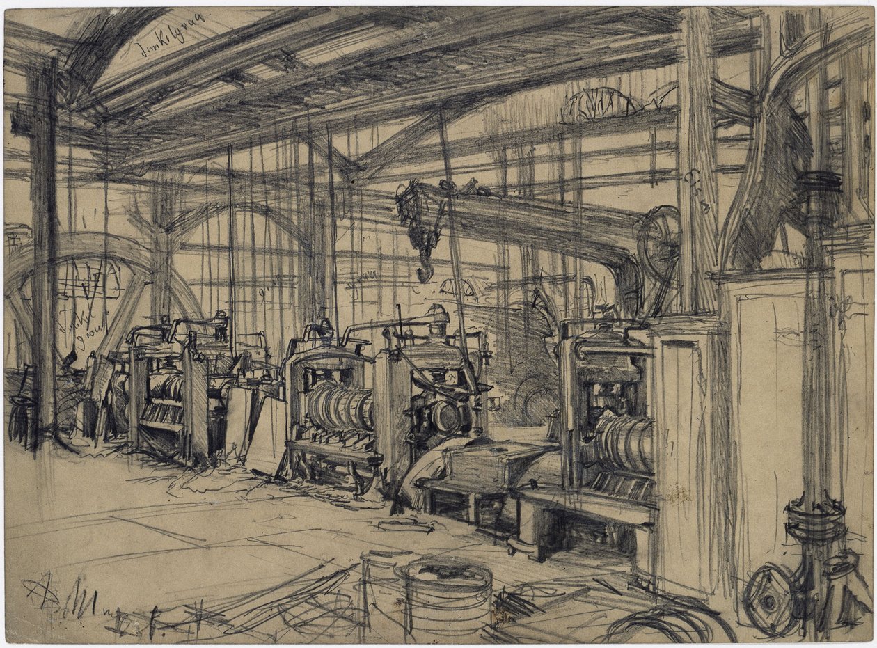 Hala ve válcovně Königshütte. Studie na téma „Válcovna železa. Moderní kyklopové“ od Adolph Menzel