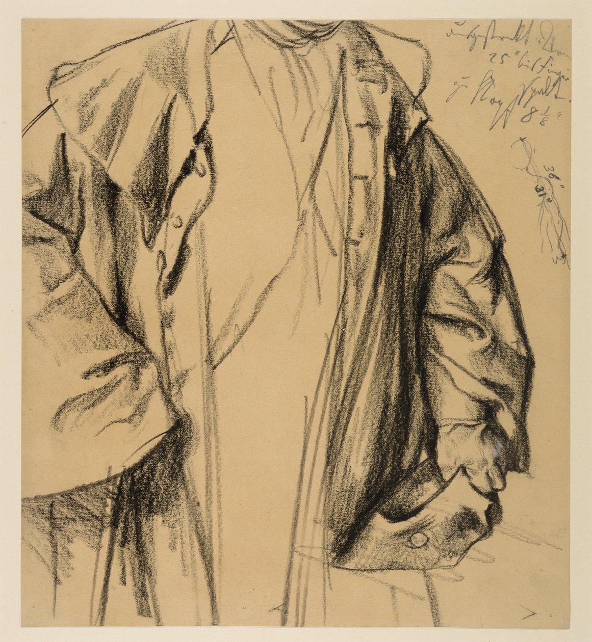 Heinrich von Kleist, Rozbitý džbán: modelová studie důstojníka v plášti, hlava není zobrazena, polopostava s kloboukem v levé ruce a hůlkou v pravé ruce od Adolph Menzel