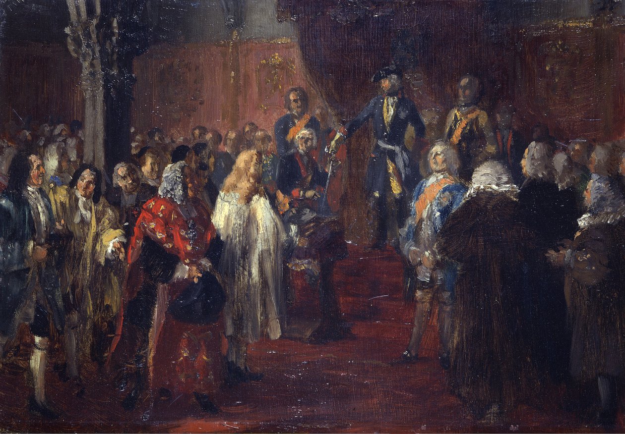 Hold slezských stavů před Fridrichem II. ve Vratislavi roku 1741. Skica od Adolph Menzel