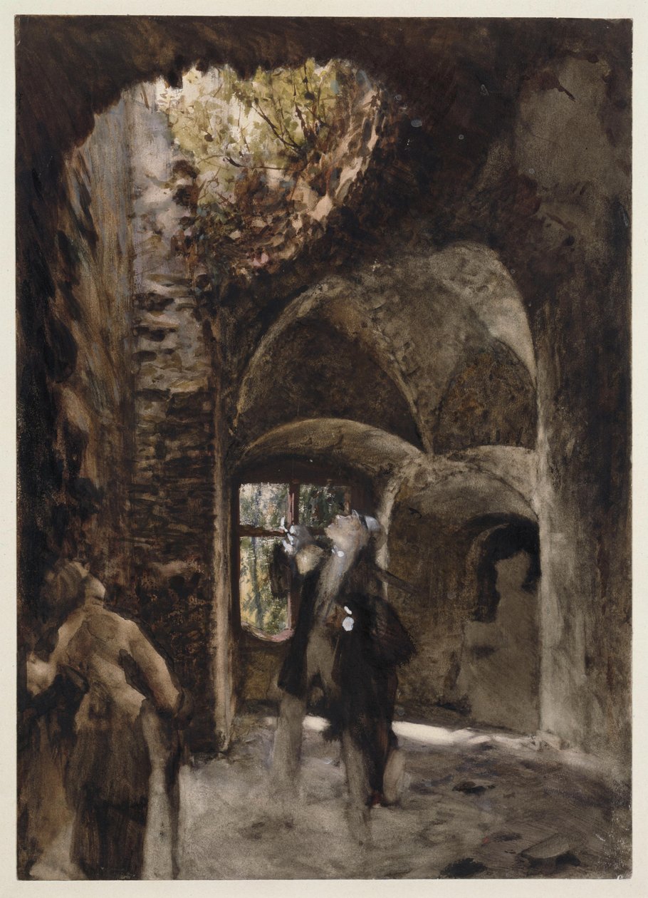 V ruinách stojí pán a dáma na schodišťovém podestě a vzhlížejí k velké díře v klenbě od Adolph Menzel