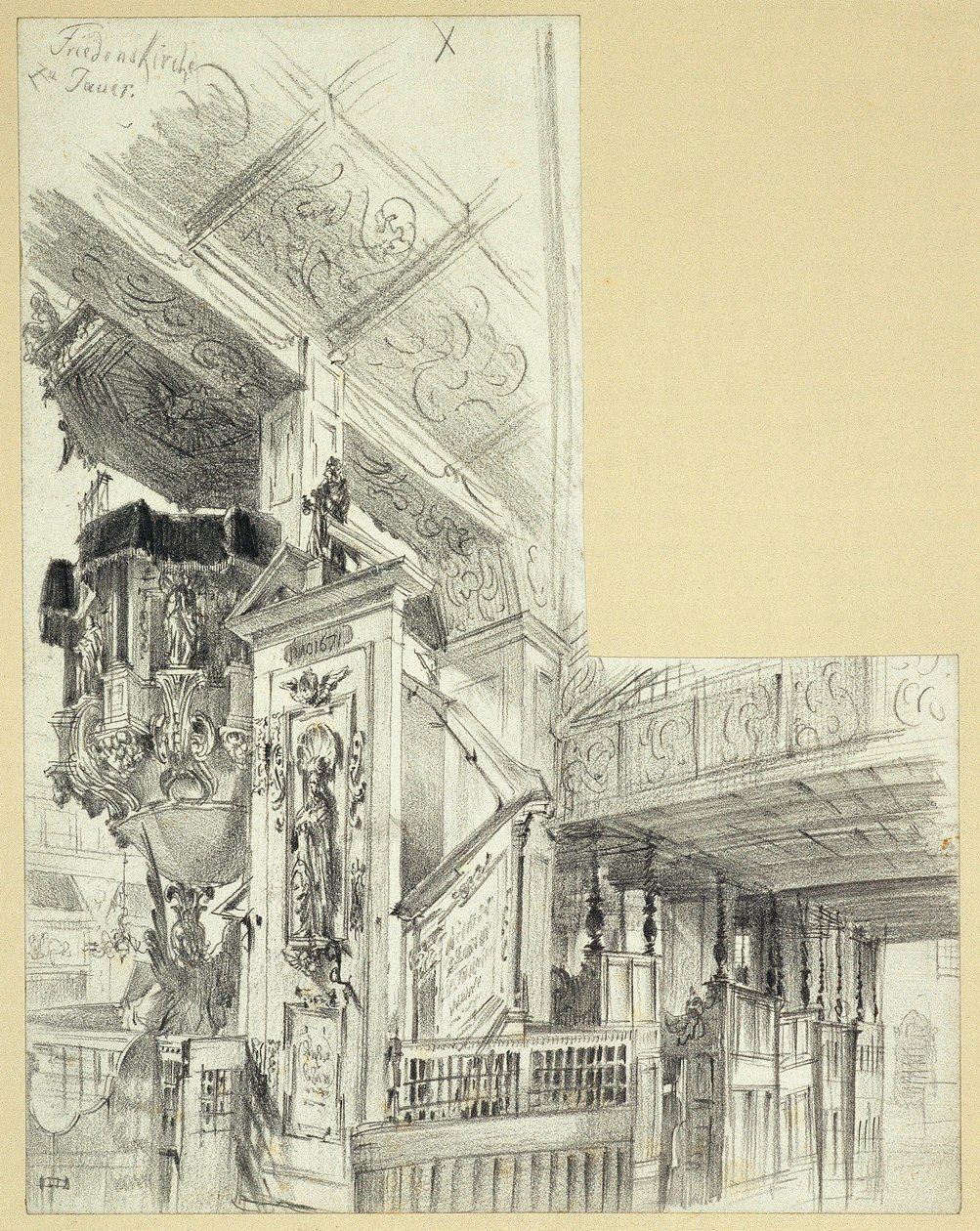 Interiér s kazatelnou Kostela míru v Jaworu od Adolph Menzel