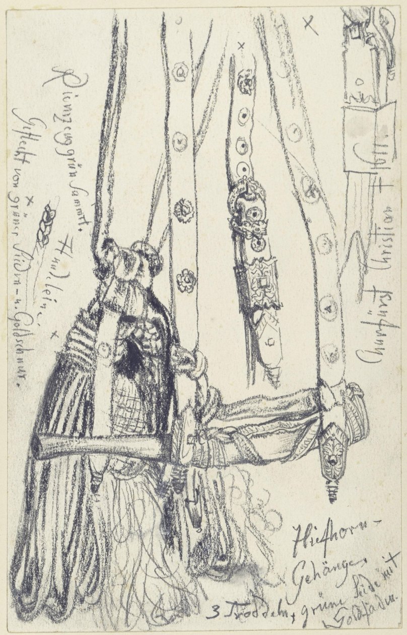 Lovecký roh, řemen k rohu a šňůra k rohu k smaragdové lovecké zbrojní soupravě Jana Jiřího I. Saského, Historické muzeum, Drážďany od Adolph Menzel