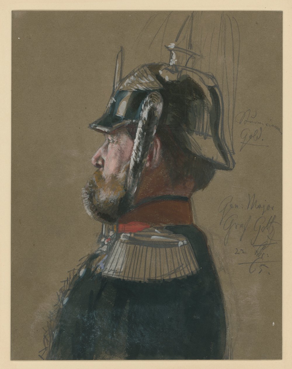 Karel Friedrich hrabě von Goltz, generálmajor, bustový portrét s přilbou a kordem, profil doleva, portrétní studie ke „Korunovaci Viléma I. v Královci“ od Adolph Menzel