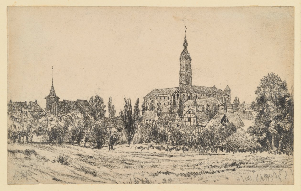 Malé městečko s vysokou kostelní věží od Adolph Menzel