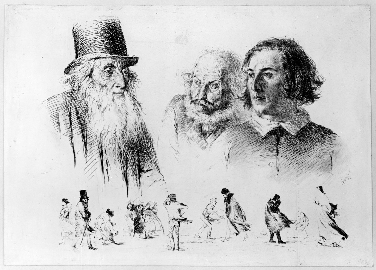 Studie hlav a postav, list č. 2 ze série „Radir-Versuche“ od Adolph Menzel