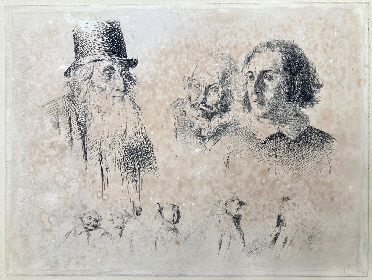 Studie hlav a postav, list č. 2 ze série „Radir-Versuche“ od Adolph Menzel
