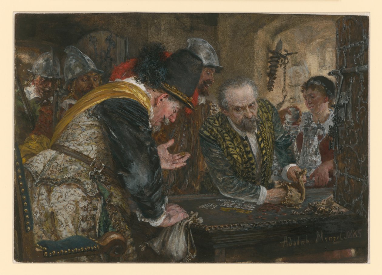 Kontribuce, vojáci - vlevo jejich kapitán - dostávají od staršího muže peníze a stříbro od Adolph Menzel