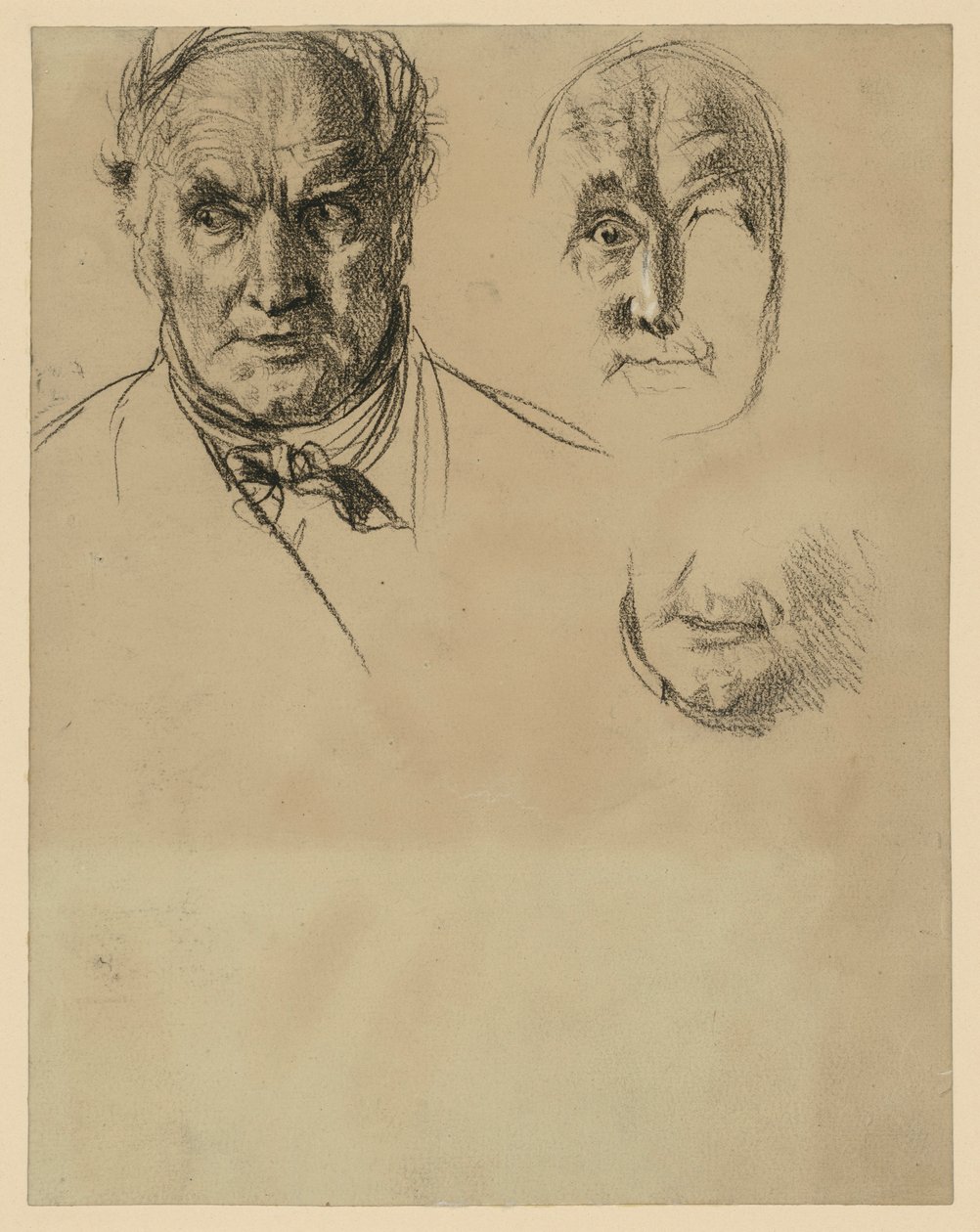 Hlava staršího muže s šátkem a dvě detailní studie obličeje od Adolph Menzel