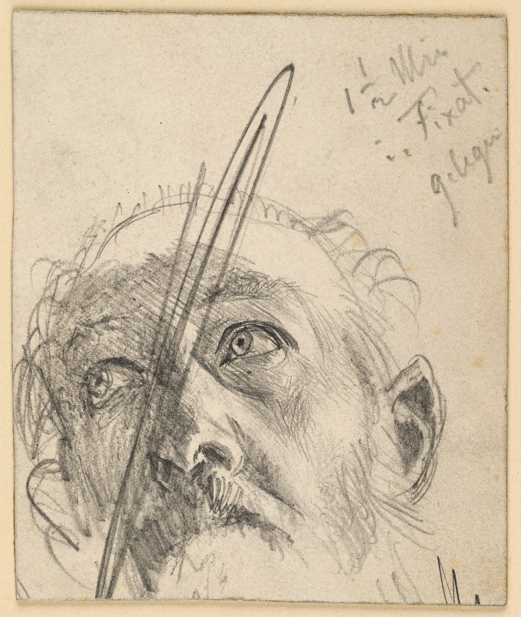 Hlava vzhůru hledícího muže s knírem, hlava mírně nakloněná do strany od Adolph Menzel