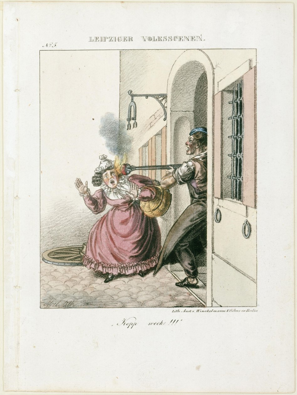 „Uhni hlavou!“. Z: Lipské lidové scény od Adolph Menzel