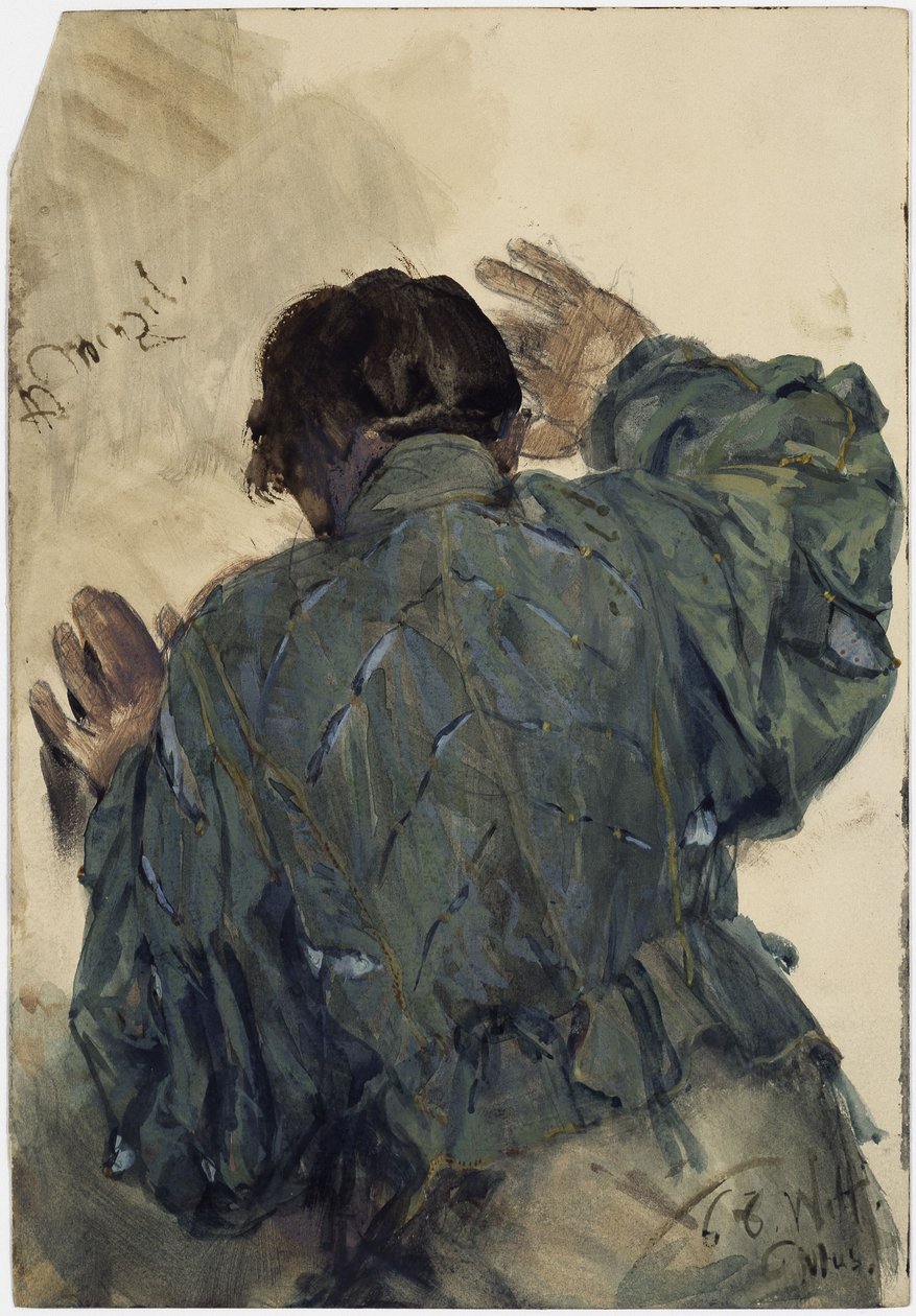 Návrh kostýmu muže, pohled zezadu, opřeného o zeď, Welfenmuseum v Hannoveru od Adolph Menzel