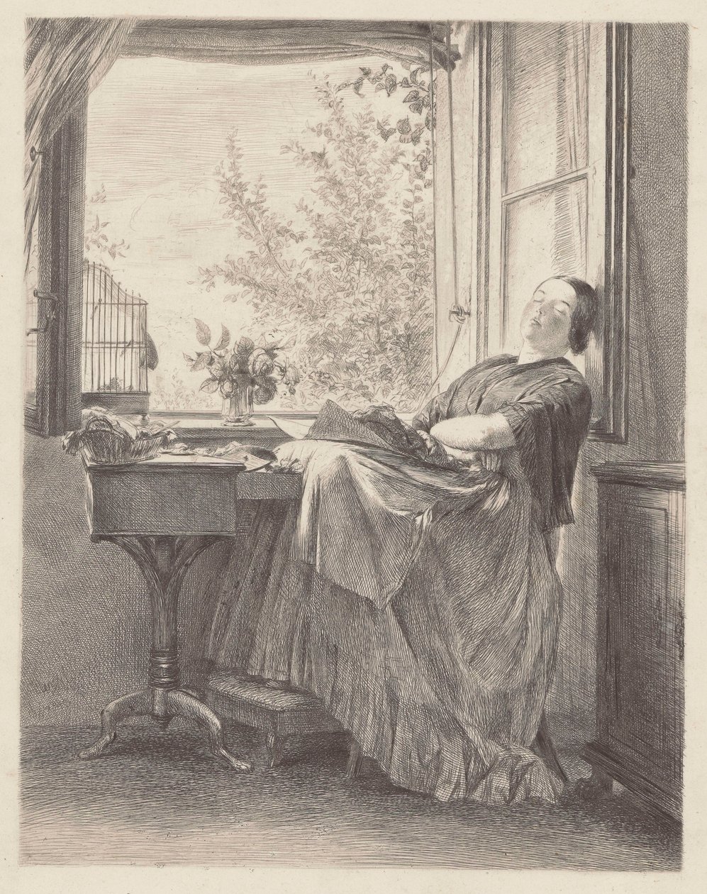 Švadlena spící u okna (Emilia, Menzelova sestra, později paní Krigarová). od Adolph Menzel