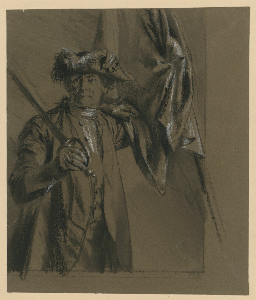 Kurt Christoph hrabě von Schwerin, pruský polní maršál s vlajkou a kordem, studie modelu k dílu „Z časů krále Fridricha. Hrdinové války a míru“, 1856 (k Bockovi 1070) od Adolph Menzel