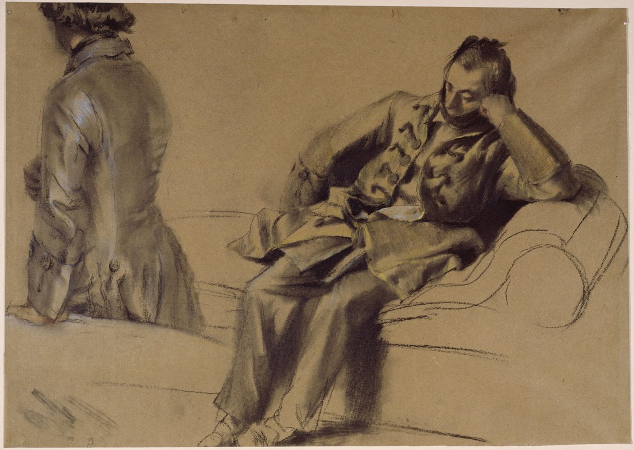 Muž v šatech se šněrováním sedí na pohovce, druhý jde kolem od Adolph Menzel