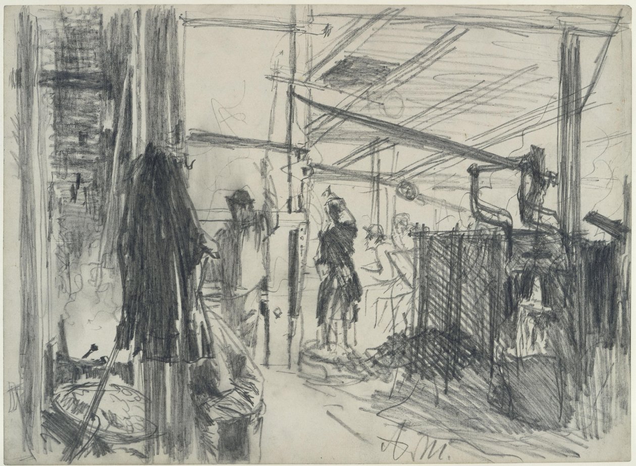 Strojovna ve válcovně. Studie k tématu „Železná válcovna. Moderní kyklopové“ od Adolph Menzel