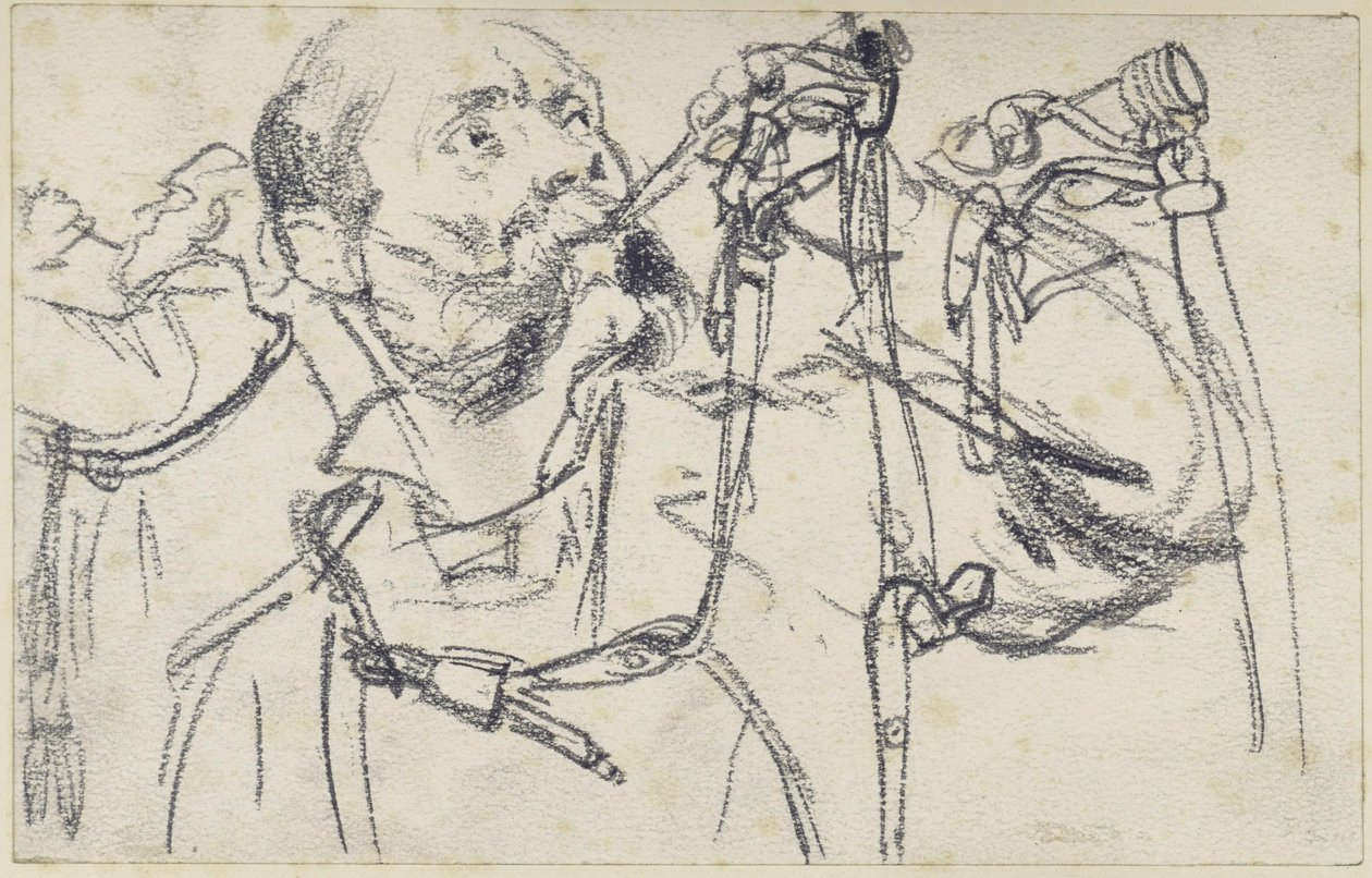 Model, který troubí na lovecký roh ze smaragdové lovecké výzbroje Johanna Georga I. Saského, ve třech pohledech, Historické muzeum, Drážďany od Adolph Menzel