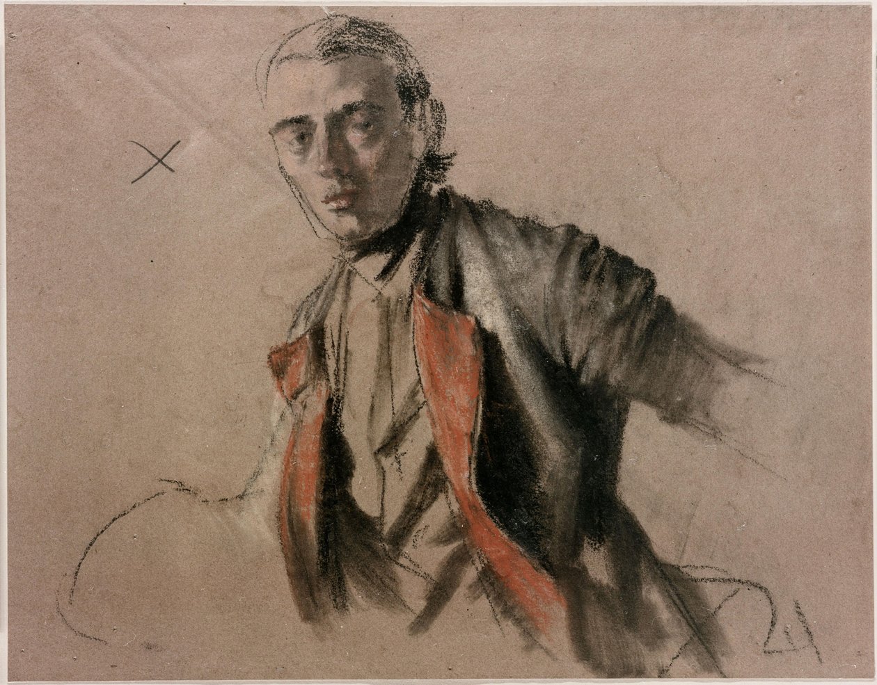 Modelová studie (Richard Menzel) jako generál von Stille pro obraz „Stolování Fridricha Velikého v Sanssouci“ od Adolph Menzel