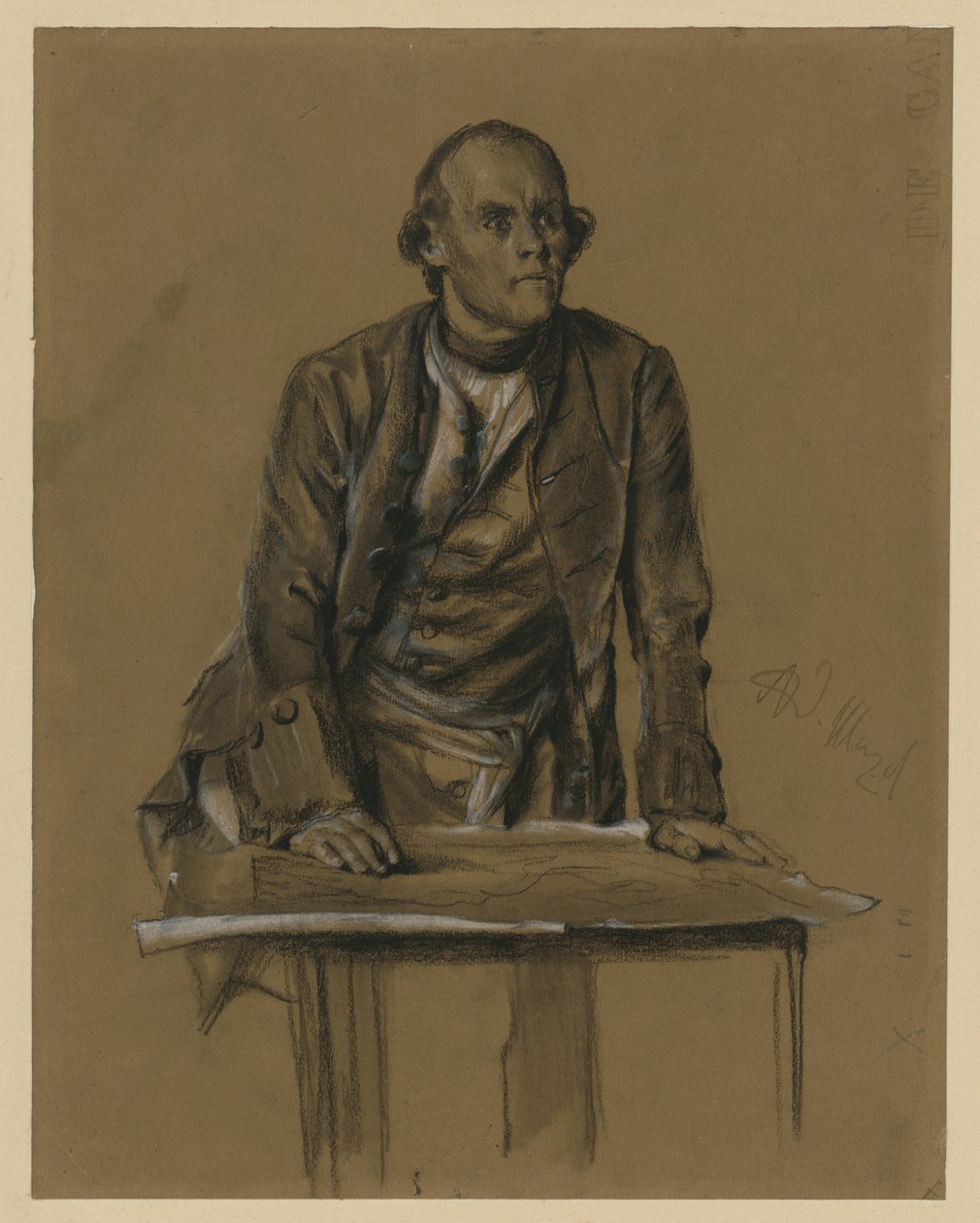 Modelová studie prince Jindřicha Pruského, polopostava zepředu, sklánějící se nad stolem, „Z dob krále Fridricha. Hrdinové války a míru“, 1856 (viz Bock 1071) od Adolph Menzel