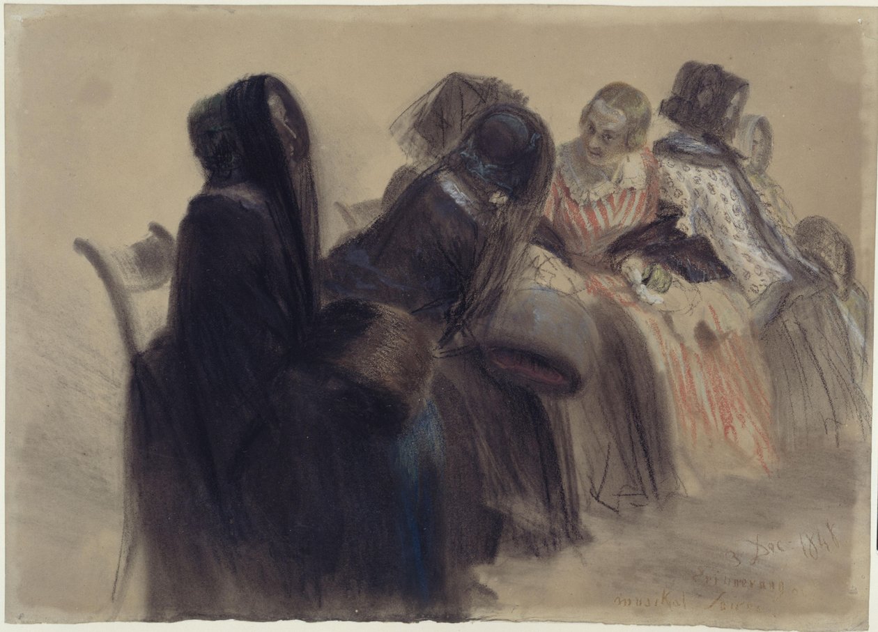 Hudební večer, šest dam sedících na židlích v řadě směřující do hloubky směrem doprava, některé z nich se baví od Adolph Menzel