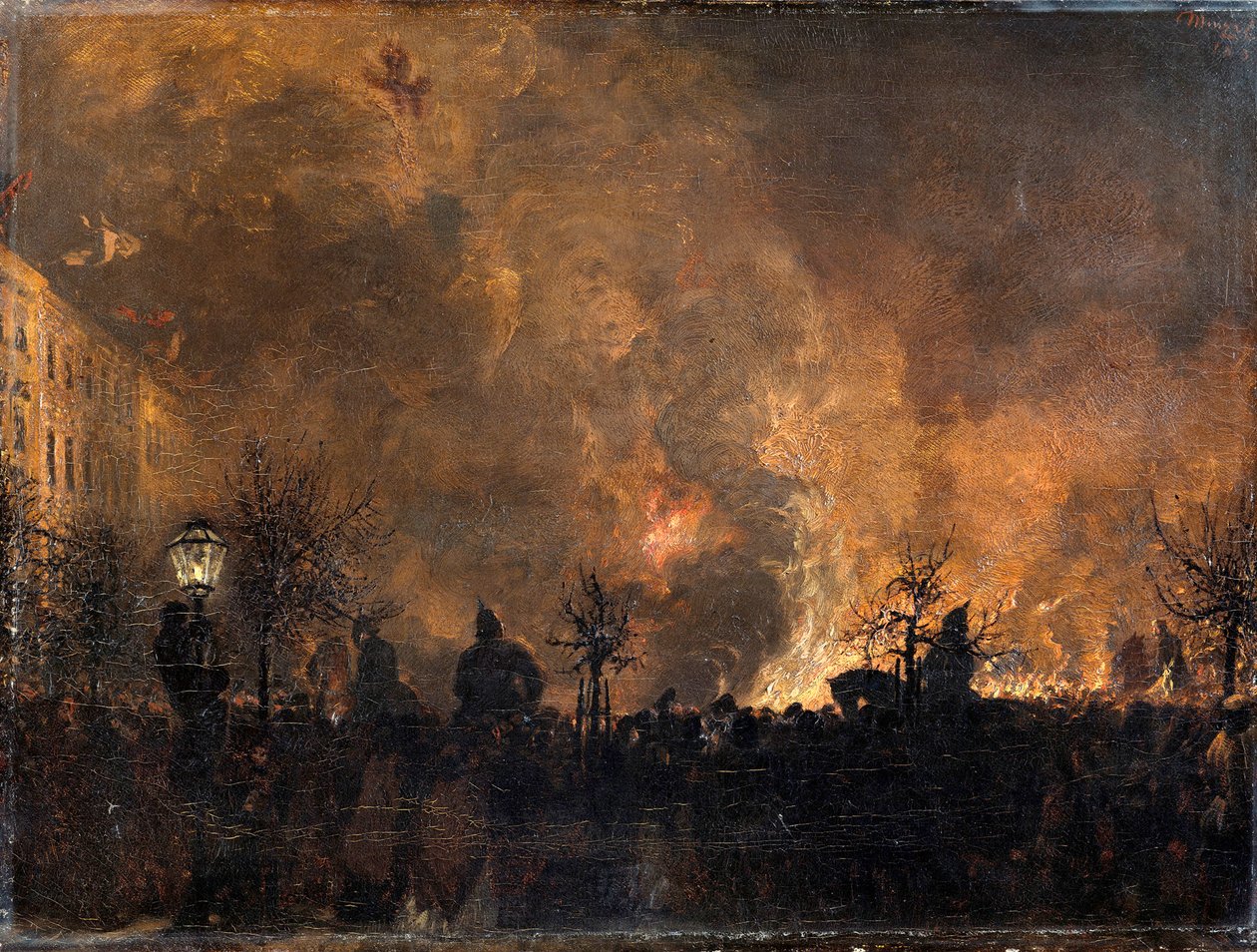 Po průvodu s pochodněmi. Shazování pochodní na hromadu na Dönhoffově náměstí v Berlíně od Adolph Menzel