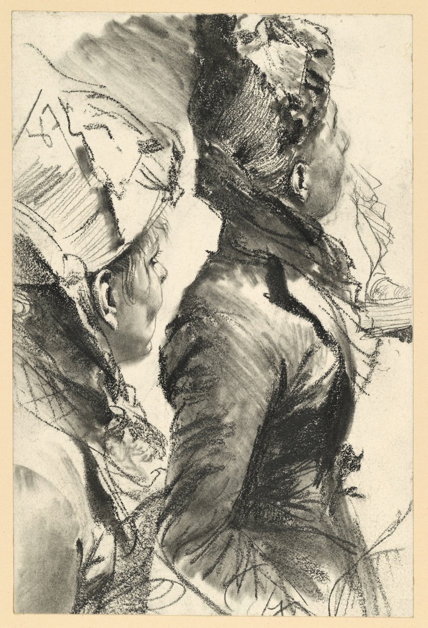 Žena v klobouku, pohled vzhůru doprava, polopostava z profilu, dvě studie od Adolph Menzel