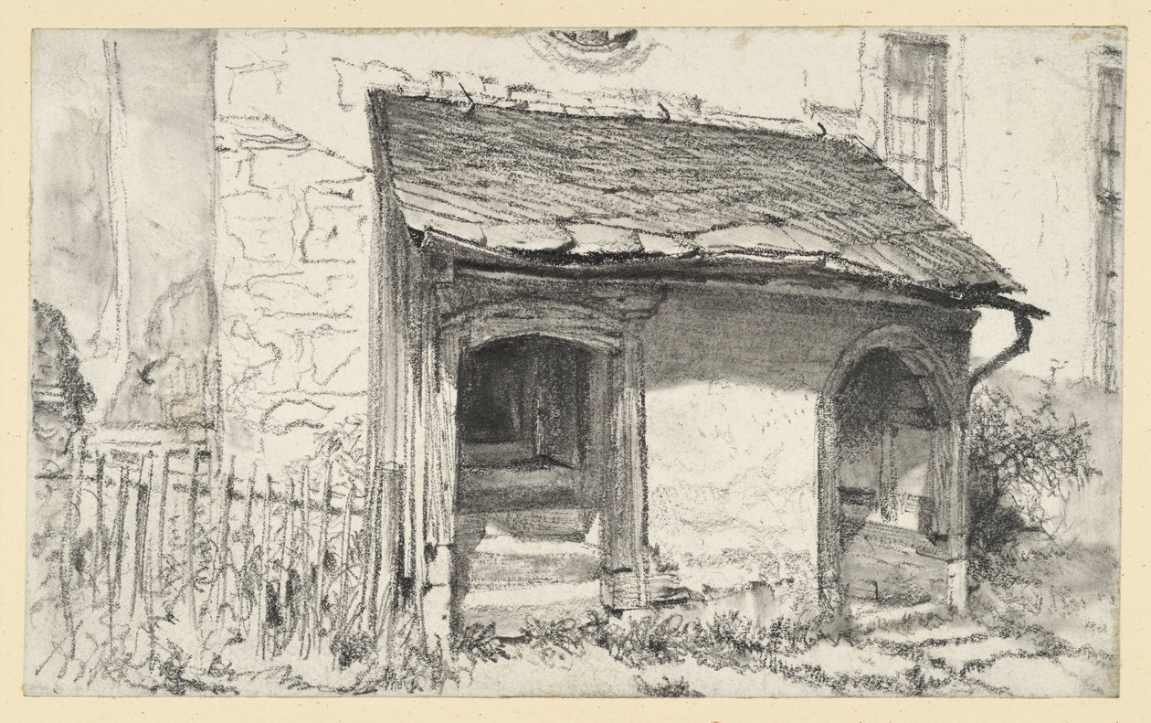 Nízká předsíň kostela se dvěma vchody a plotem od Adolph Menzel
