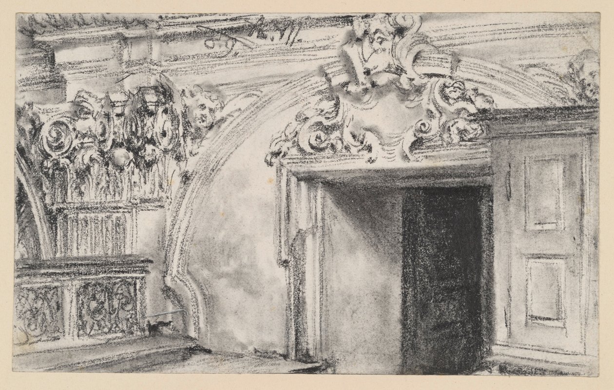 Horní část dveřní stěny sakristie s dřevěnou skříní od Adolph Menzel